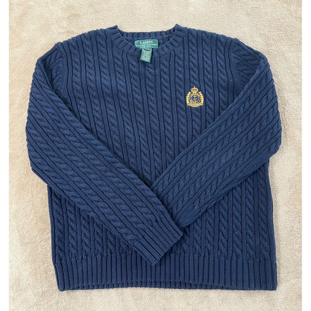Vintage Lauren Ralph Lauren Cable Knit Sweater womens Med Petite blue Crest euc